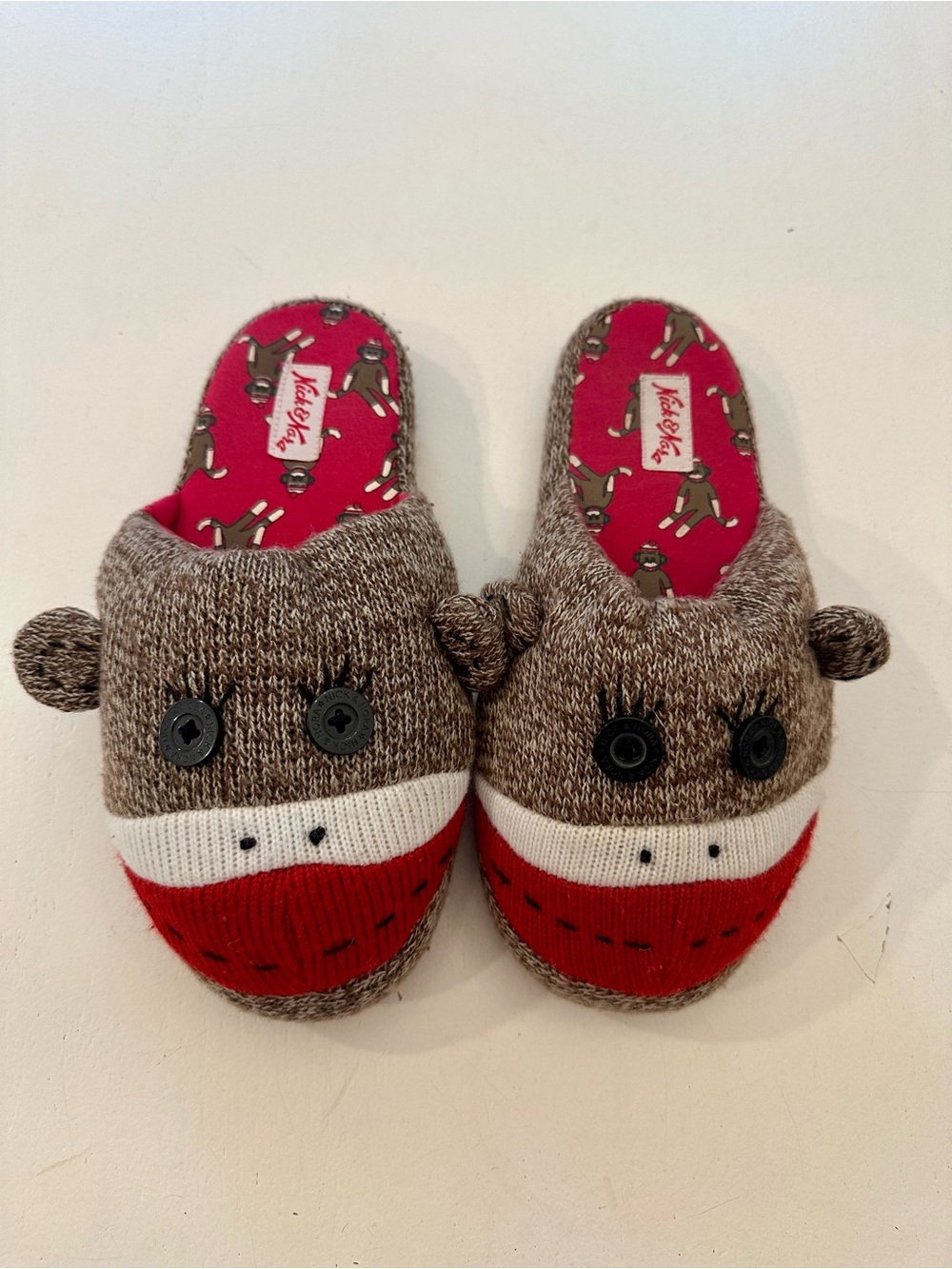 Nick & Nora Brown and Red Monkey Kids Slippers with Pink Lining